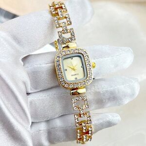 SALE 18k Gold Filled Chain Block Quartz Crystal Wrist Watch